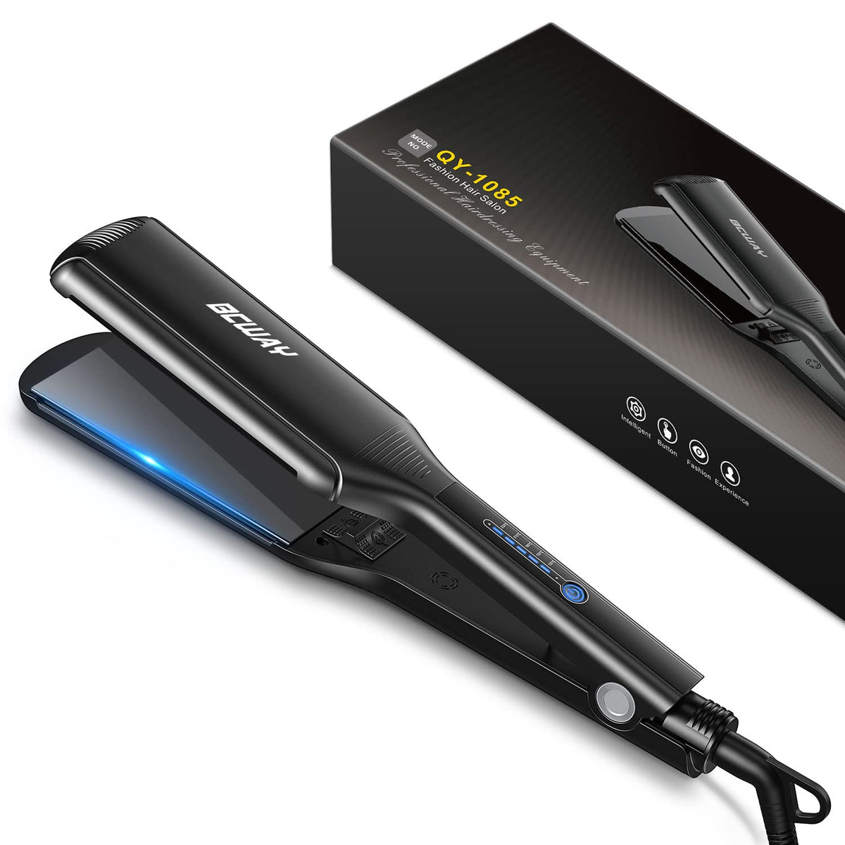 Bcway professional hair straightener plate closeup highlights a 2.16-inch titanium plate for quick styling