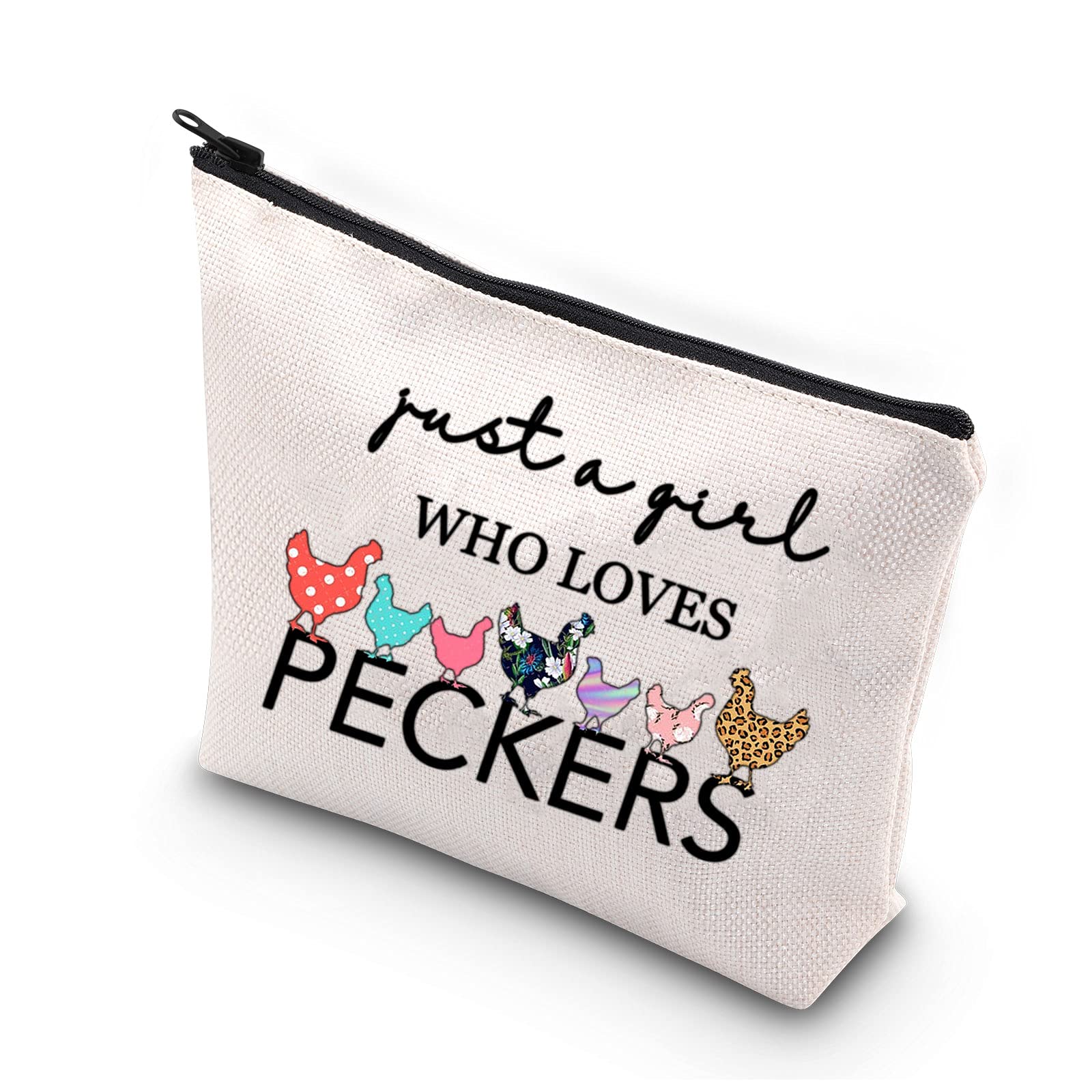 BDPWSS chicken lady makeup bag showcasing cosmetic storage on the go and a playful print.