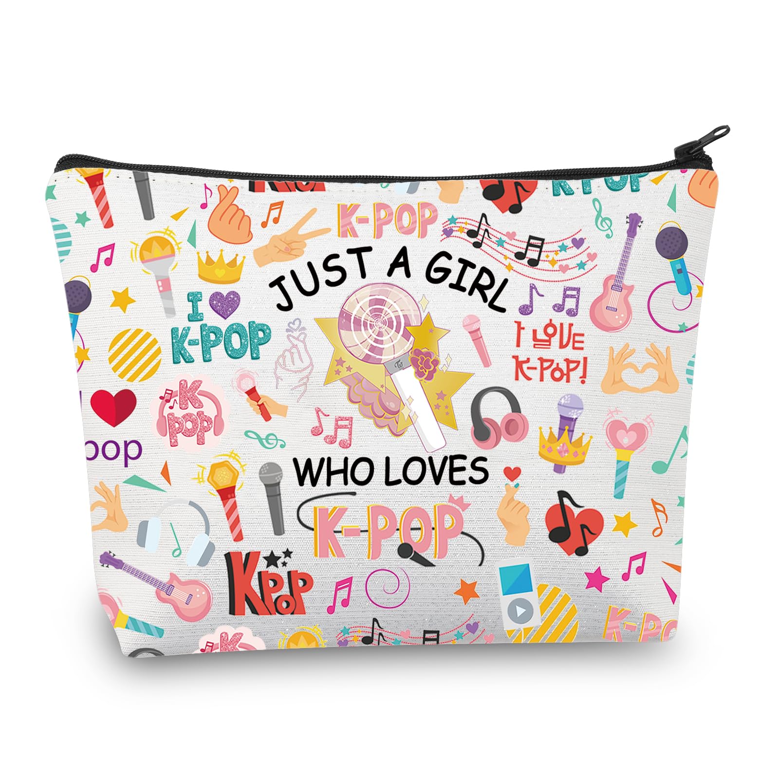 BDPWSS K-Pop makeup bag with Just a Girl quote keeps cosmetics organized