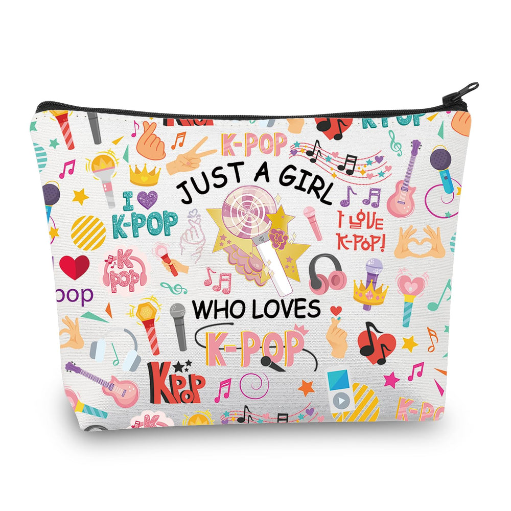 BDPWSS K-Pop makeup bag with Just a Girl quote keeps cosmetics organized