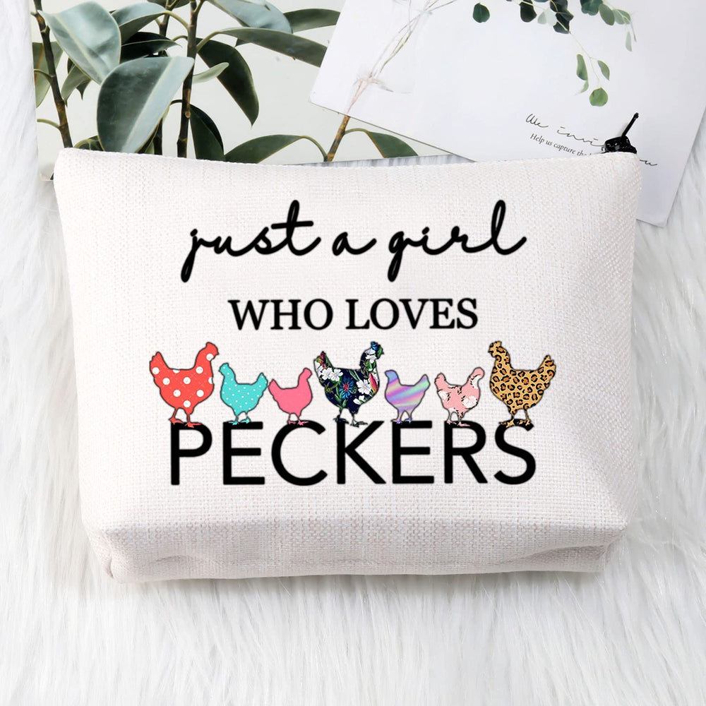 BDPWSS poultry-themed makeup pouch keeps brushes and cosmetics organized during trips.