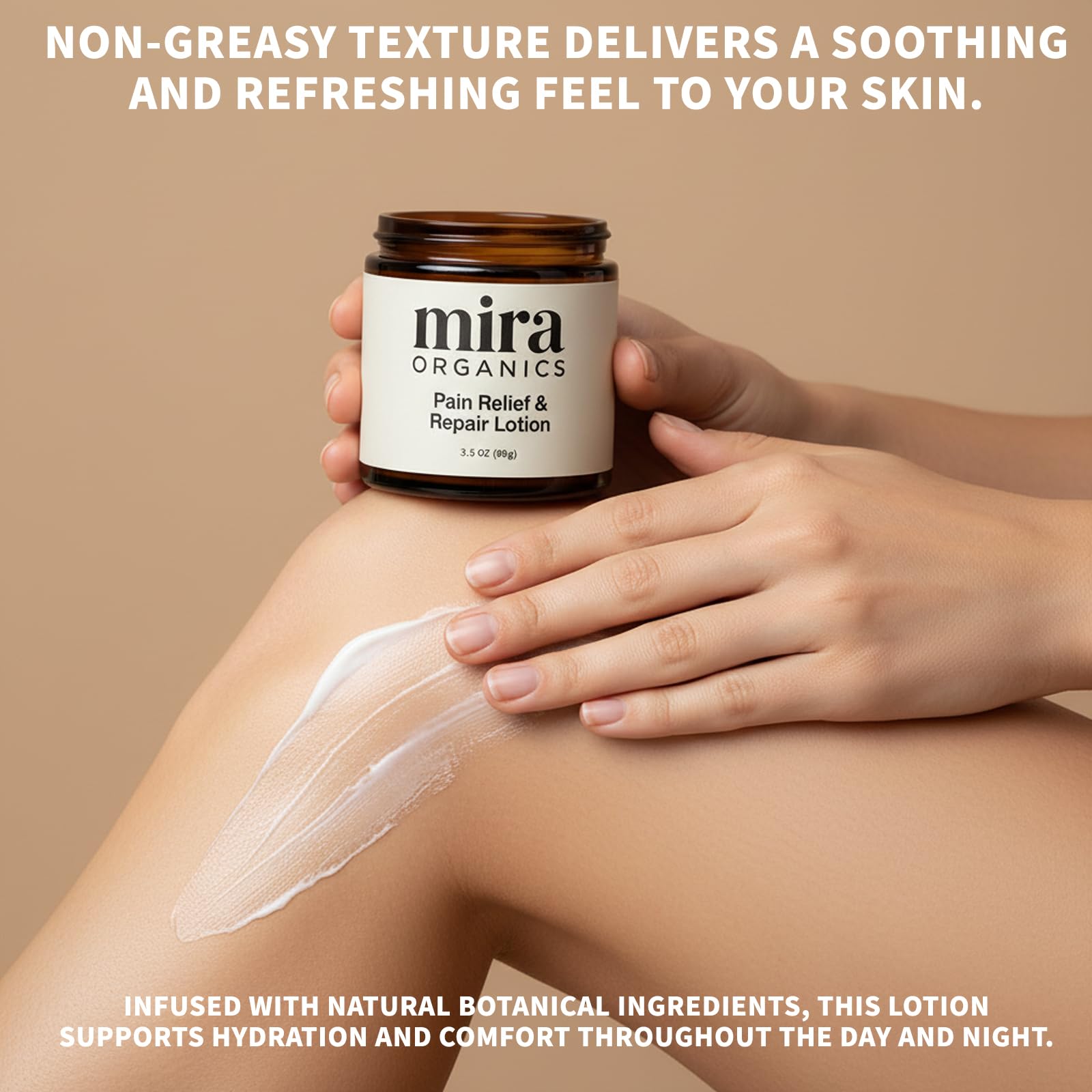 BDQBDQ Mira Relief Lotion closeup emphasizes quick-absorbing, non-greasy finish.