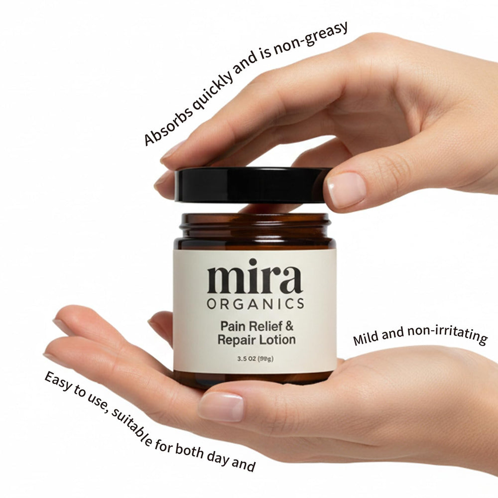 BDQBDQ Mira Relief Lotion hand-application on arm captures soothing, targeted relief.