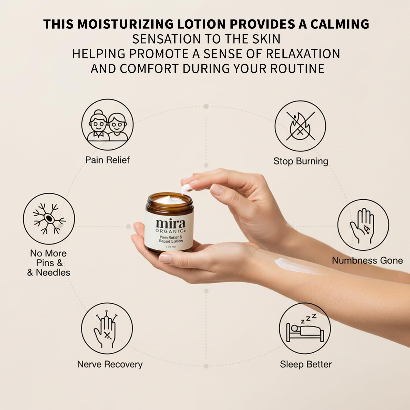BDQBDQ Mira Relief Lotion texture closeup shows lightweight, non-greasy absorption.