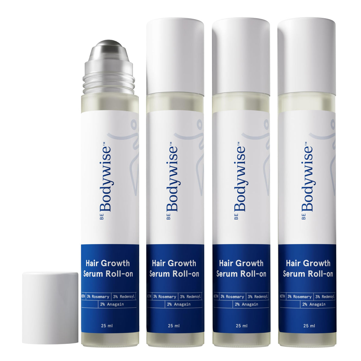 Be Bodywise hair growth serum roll-on bottle for easy daily application