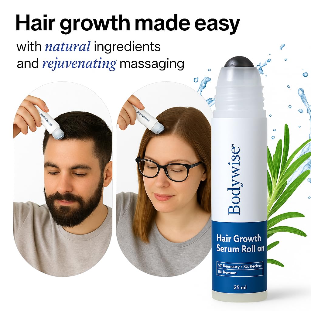 Be BodyWise Rosemary Hair Serum Roll-On application closeup showing two-minute scalp massage for follicle stimulation.