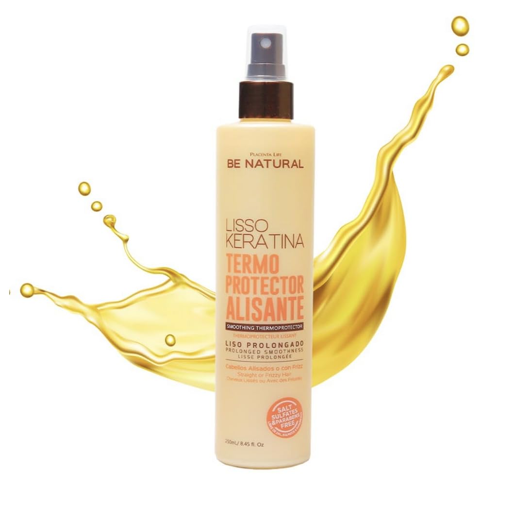 Be Natural Lisso Keratina heat protectant spray bottle reduces frizz and adds shine.