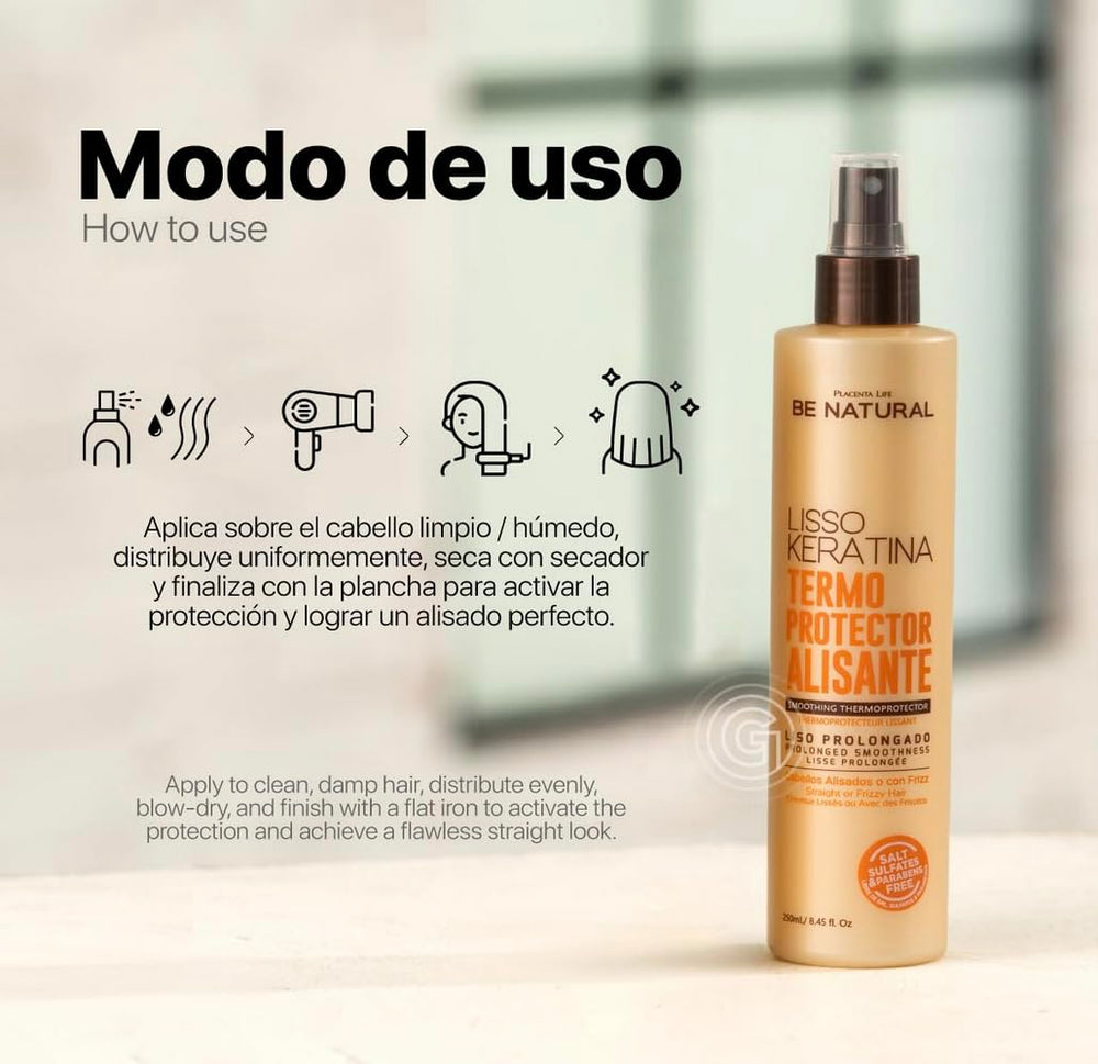 Be Natural Lisso Keratina label indicates sulfate-free formula for color-treated hair.