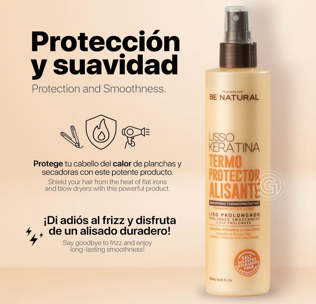 Be Natural Lisso Keratina spray packaging sits on vanity ready for daily use.