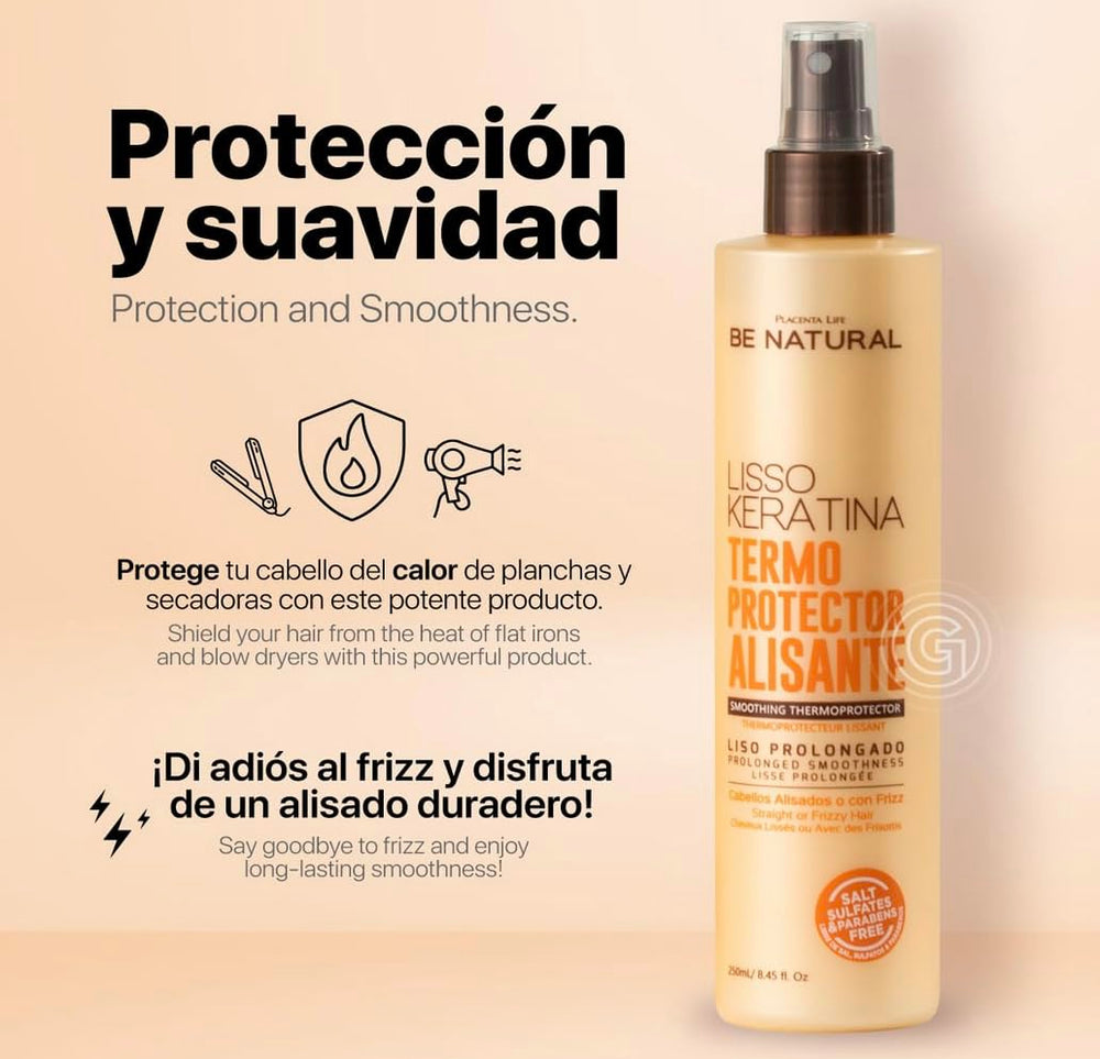 Be Natural Lisso Keratina spray packaging sits on vanity ready for daily use.