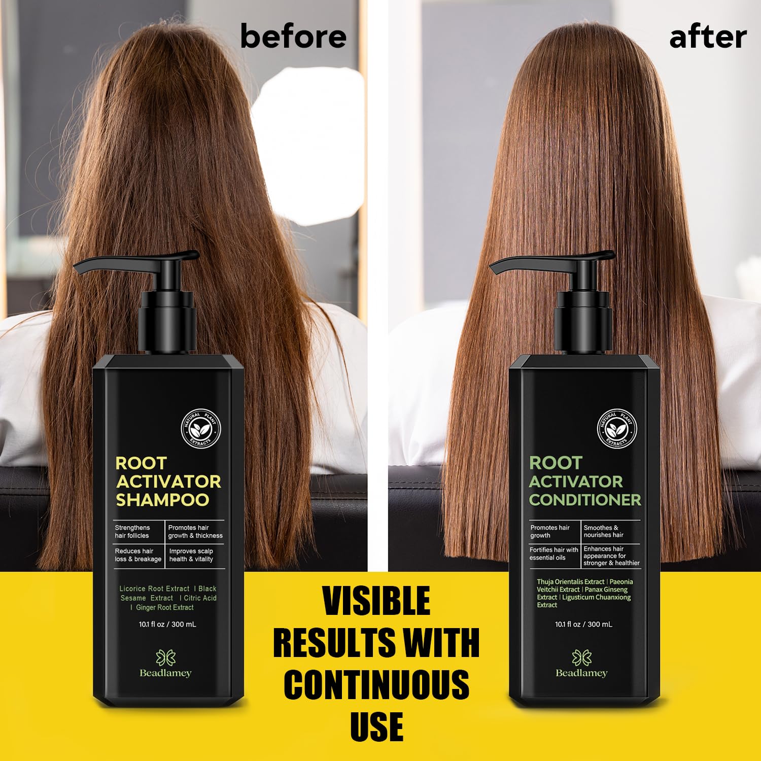 Beadlamey Hair texture after use showing thicker-looking strands and smooth finish