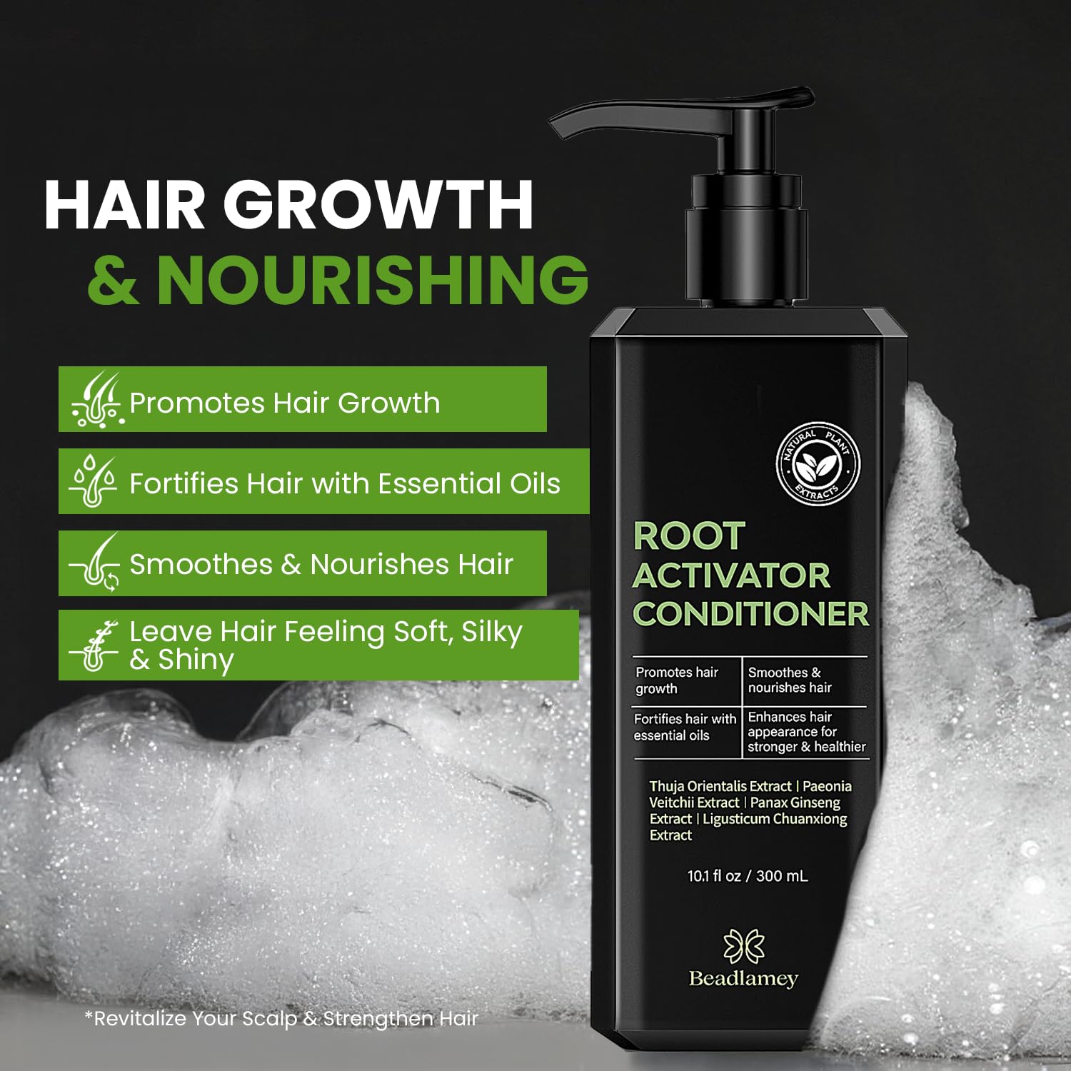 Beadlamey Root Activator Conditioner label closeup highlights premium scalp-friendly formula
