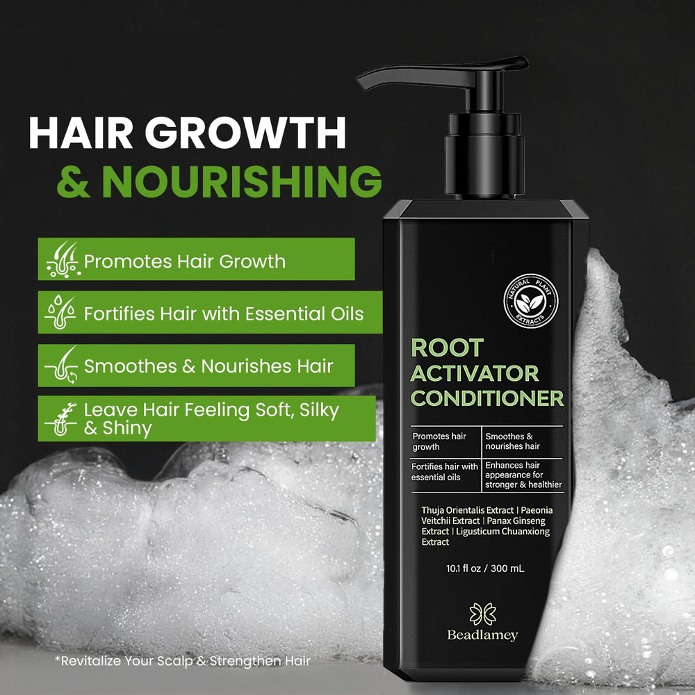 Beadlamey Root Activator Conditioner label closeup highlights premium scalp-friendly formula