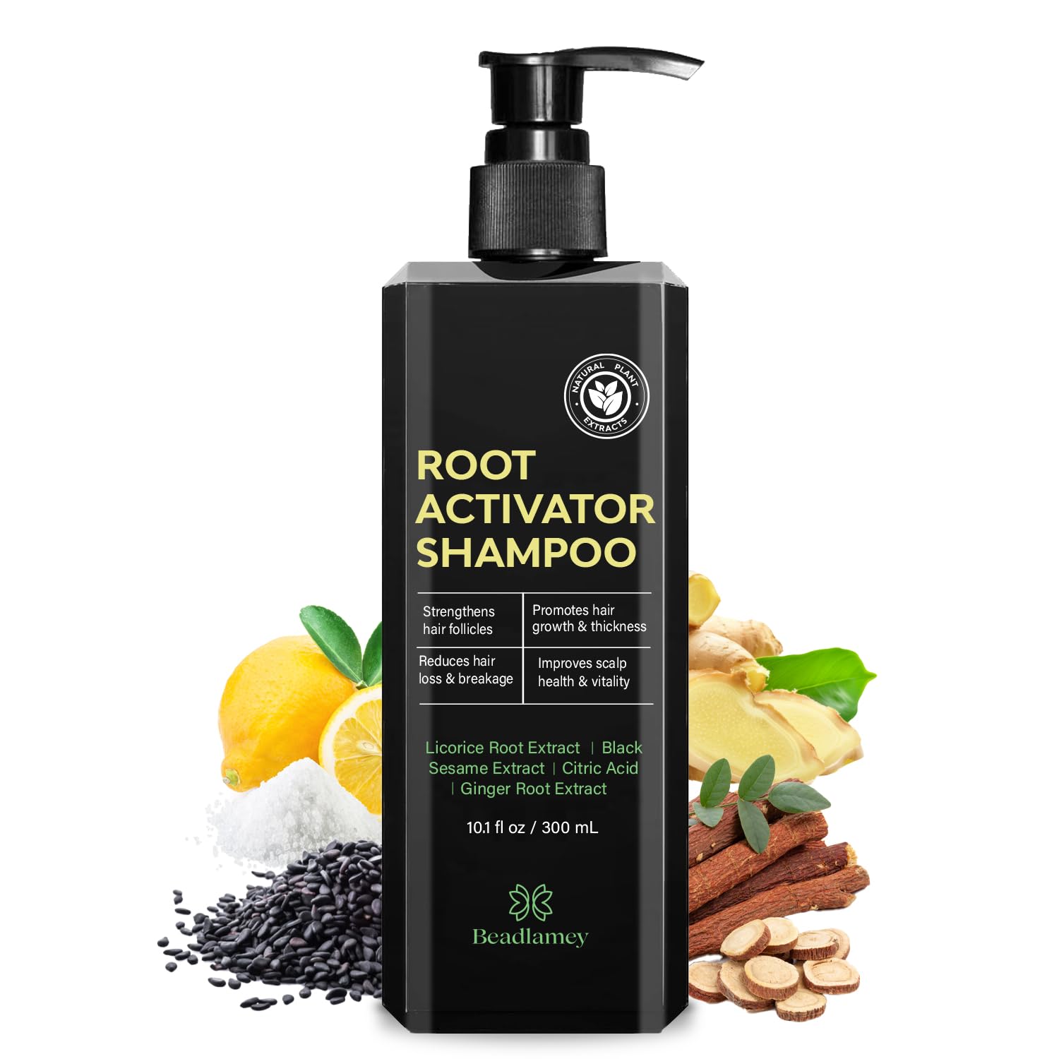 Beadlamey Root Activator Shampoo bottle on bathroom shelf supporting daily scalp nourishment.