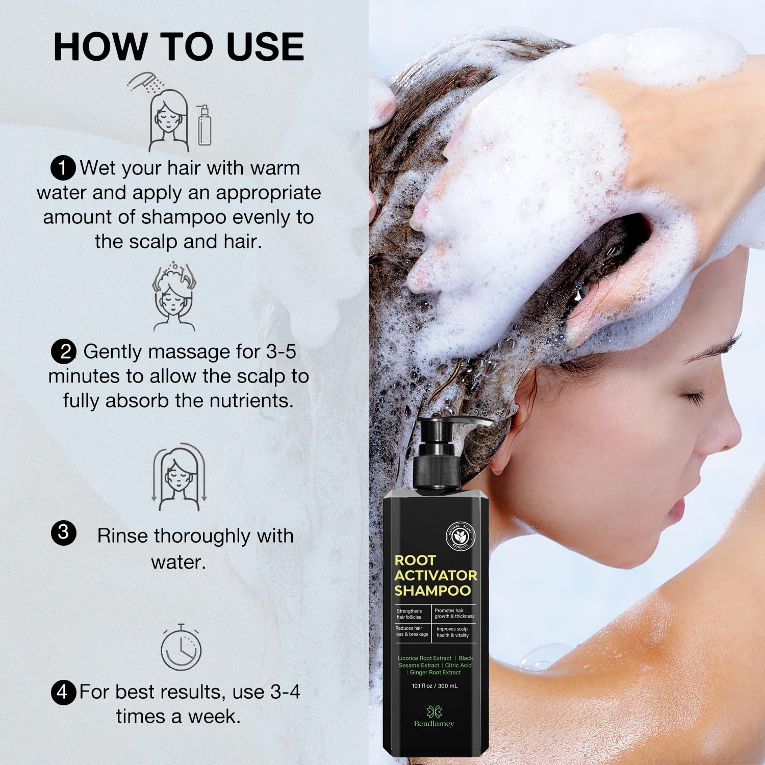 Beadlamey Root Activator Shampoo in use for a fuller-looking hair routine.