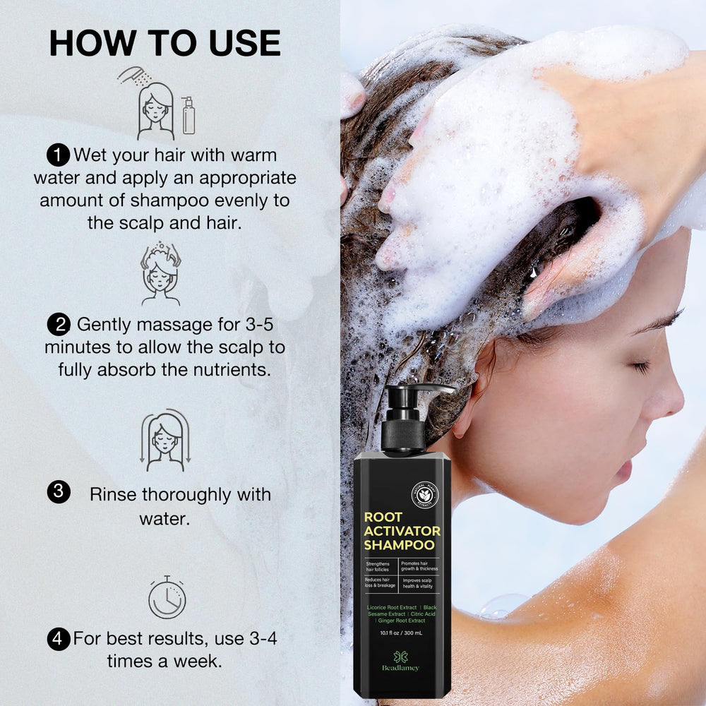 Beadlamey Root Activator Shampoo in use for a fuller-looking hair routine.