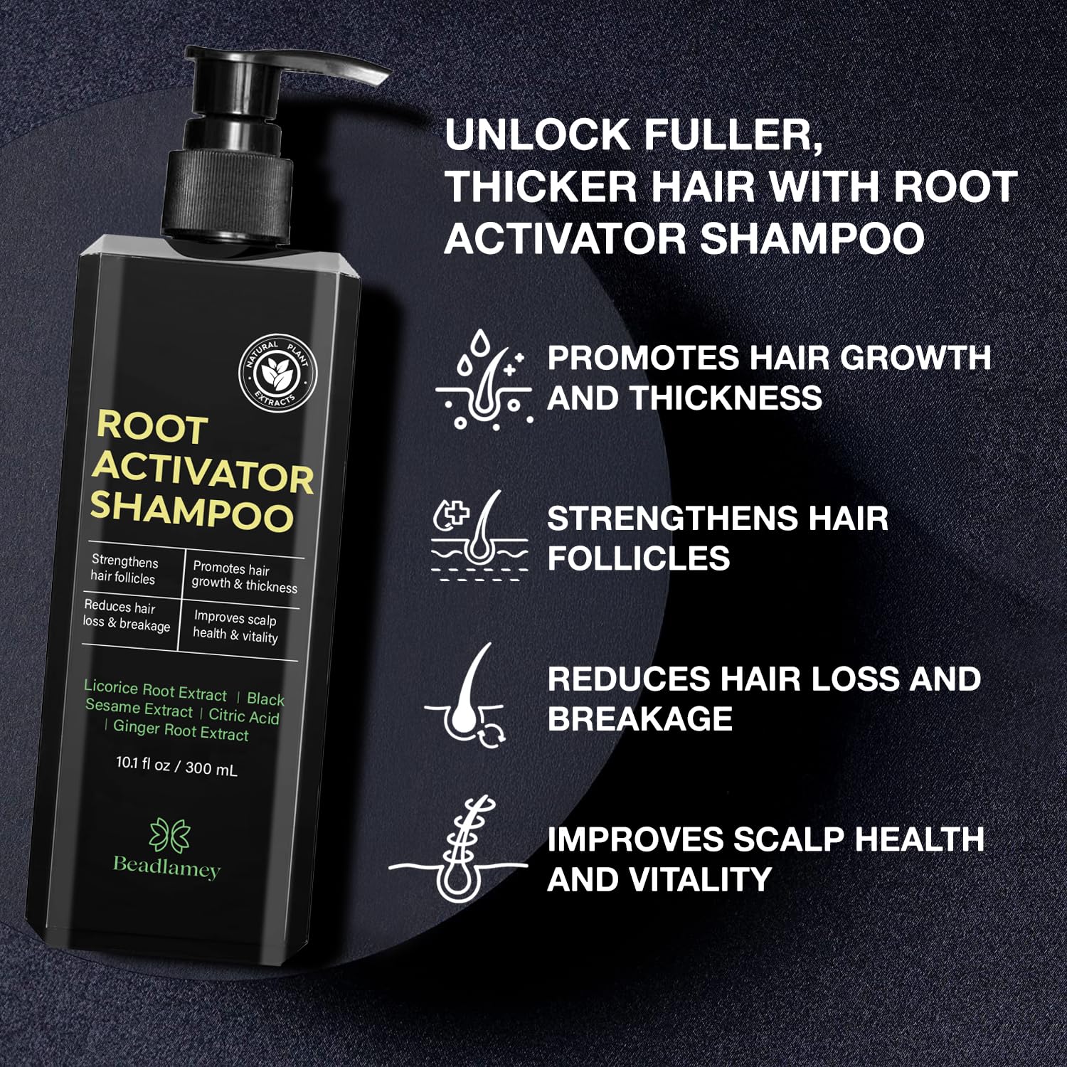 Beadlamey Root Activator Shampoo label closeup highlights natural ingredients.