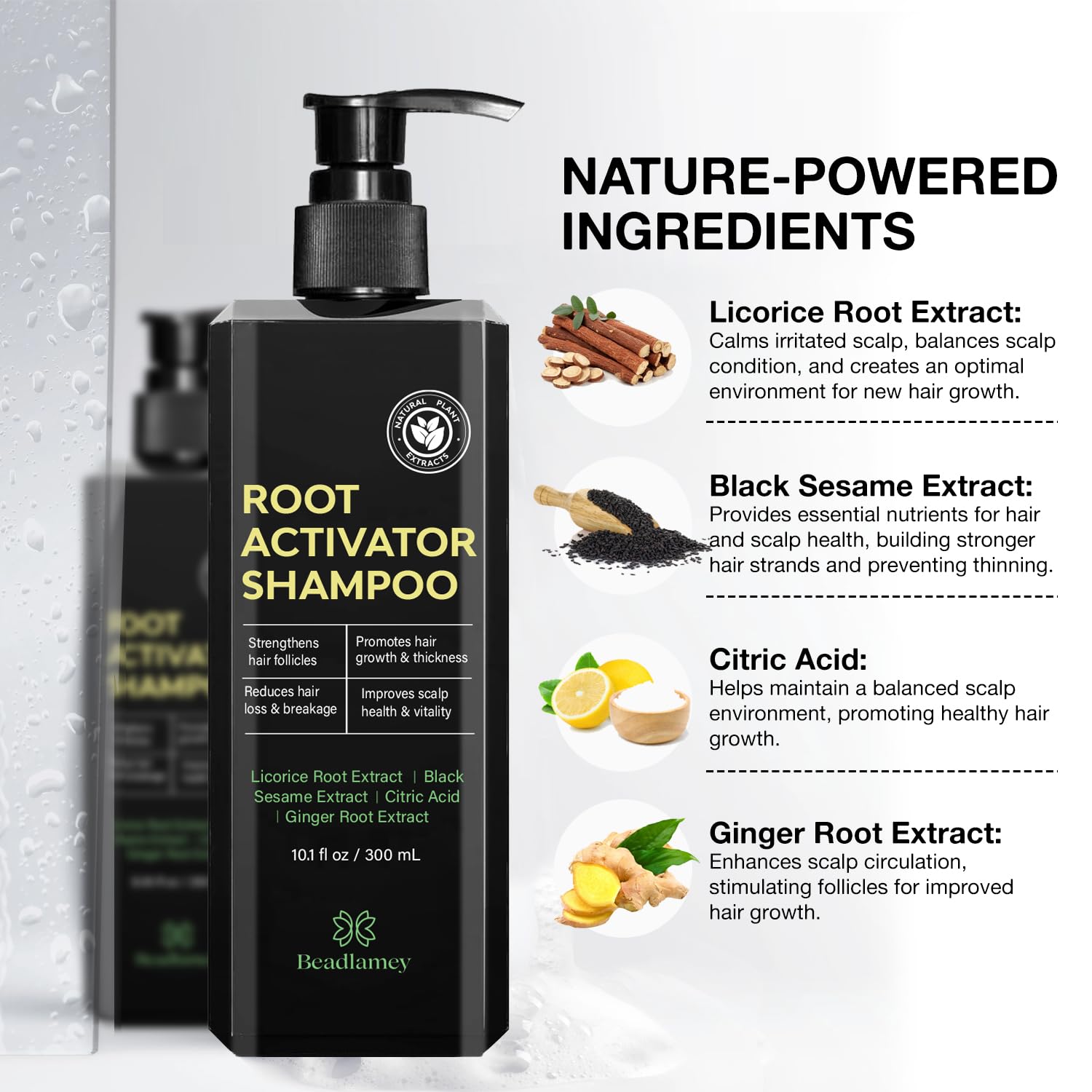 Beadlamey Root Activator Shampoo on sink ready for daily use.