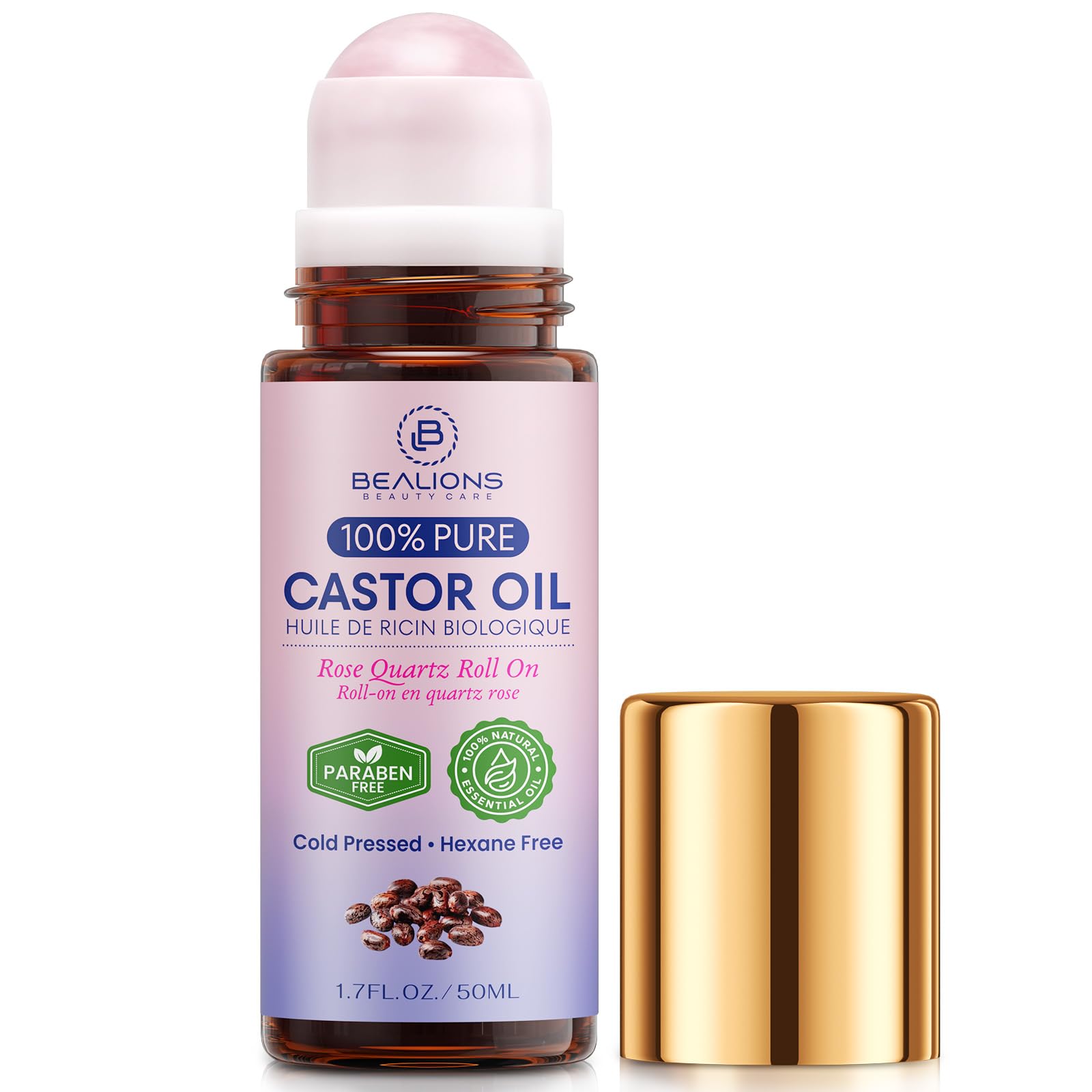 Bealions castor oil roll-on for face in amber bottle delivering hydration for dry skin