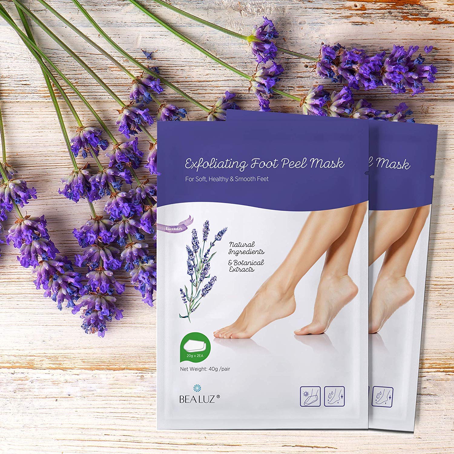 Bealuz foot-peel-mask-booties-on-feet showing gentle peeling