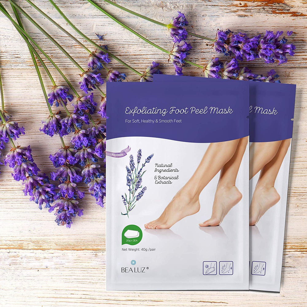Bealuz foot-peel-mask-booties-on-feet showing gentle peeling