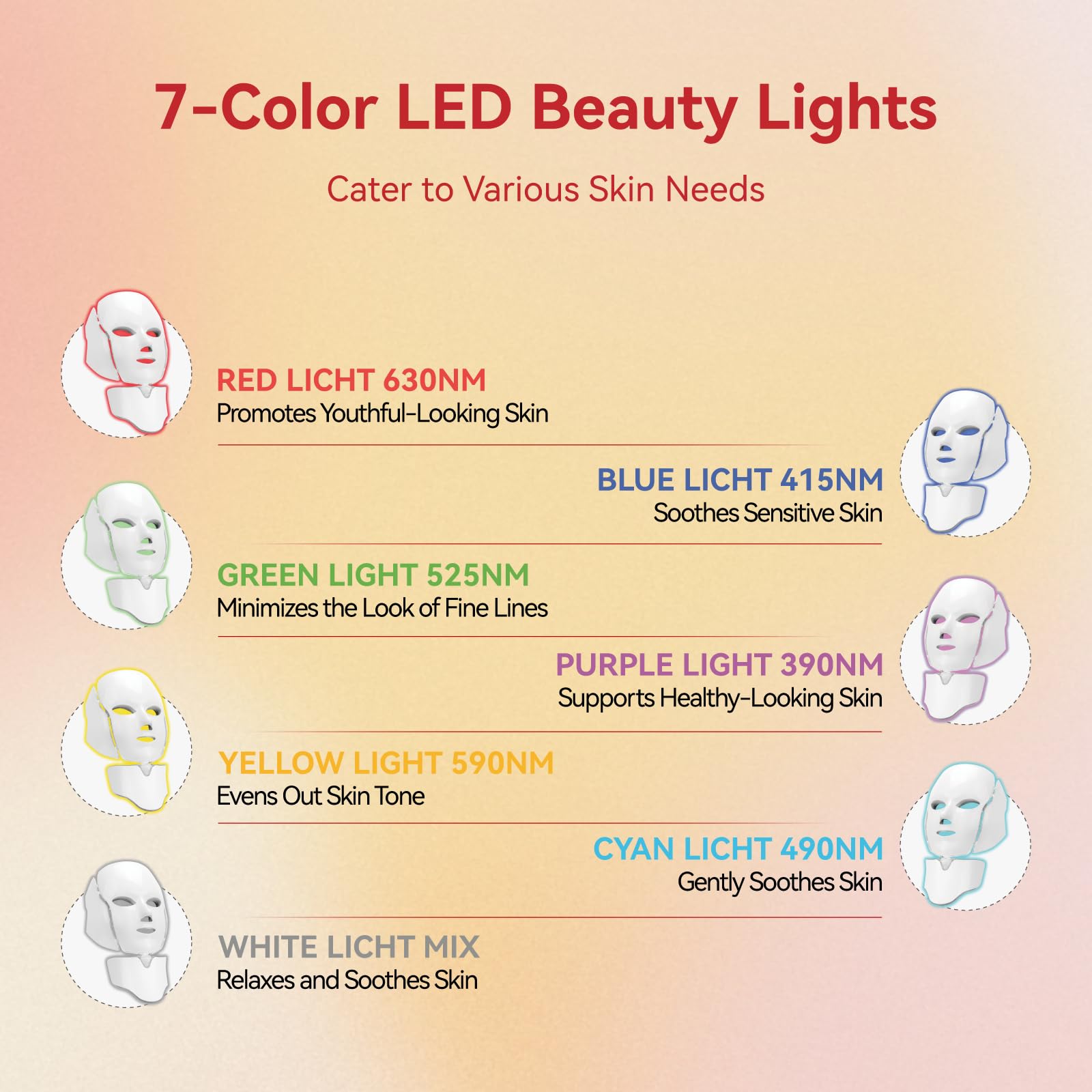 BeaRay LED Face Mask color-spectrum display shows seven colors for varied routines