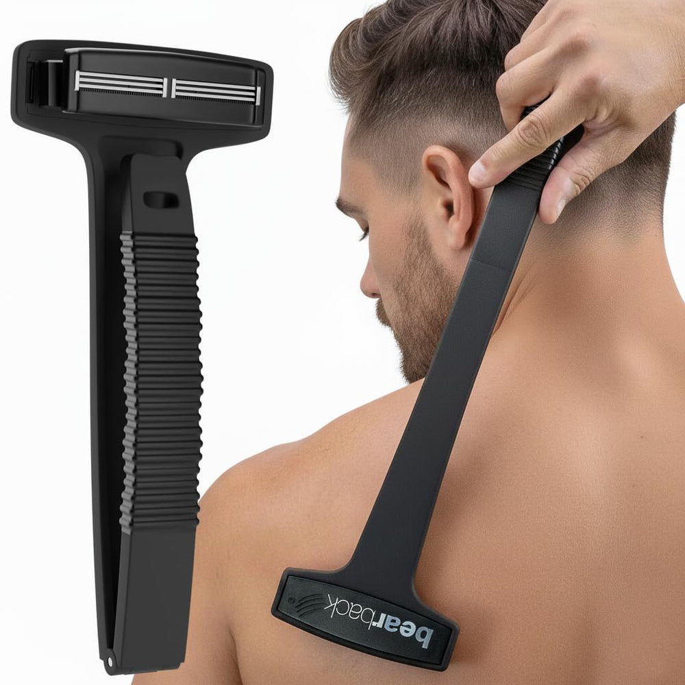 Bearback back-shaver extended-handle enables easy back grooming and reach.