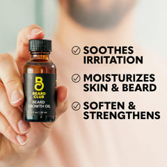 The Beard Club premium beard oil bottle highlighting sandalwood and cedar for scent and hydration.