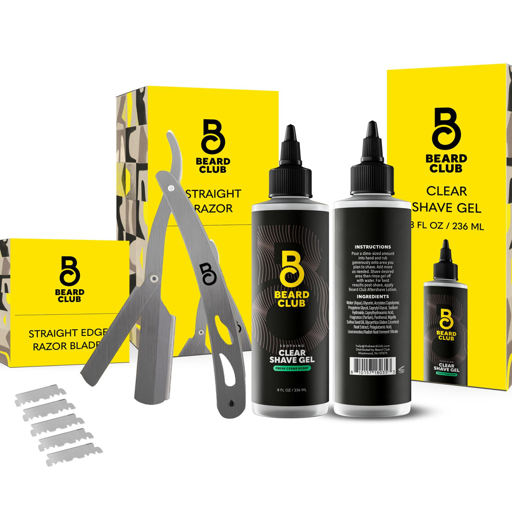 The Beard Club straight razor balance shot promotes precise, barber-like control during at-home shaves.
