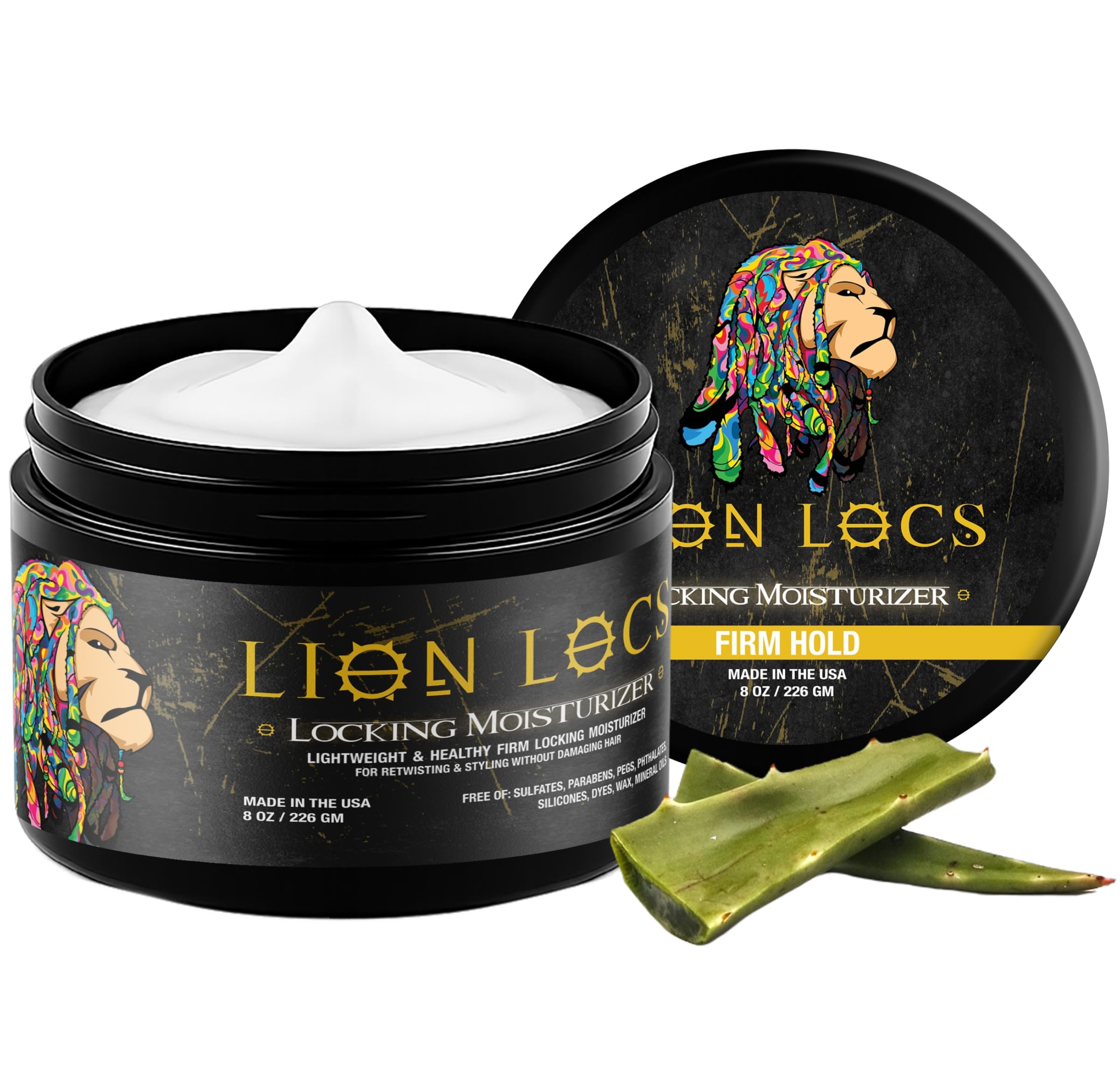 Beard Gains Lion Locs 8oz bottle showing firm hold and moisturizing formula for dreadlocks.
