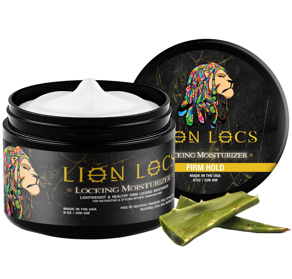 Beard Gains Lion Locs 8oz bottle showing firm hold and moisturizing formula for dreadlocks.