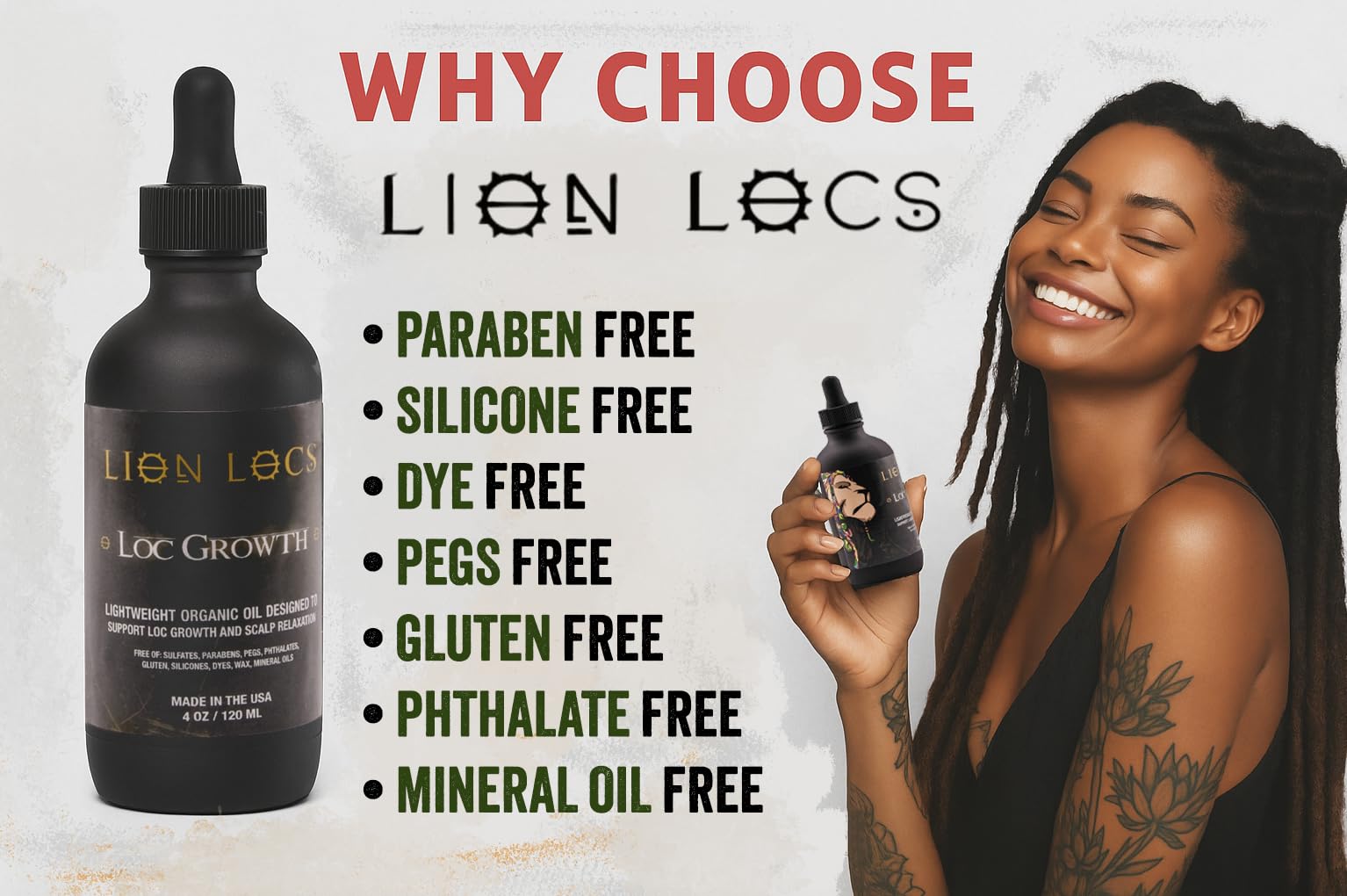 Beard Gains Lion Locs lightweight formula delivering natural shine to locs.