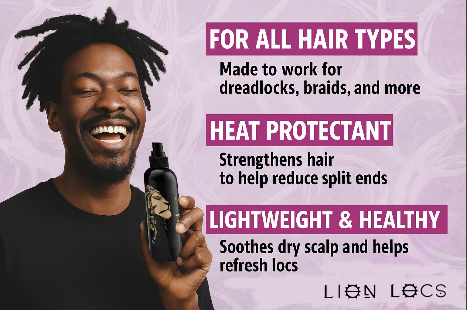 Lion Locs Rosewater Spray being misted onto dreadlocks for quick refresh.