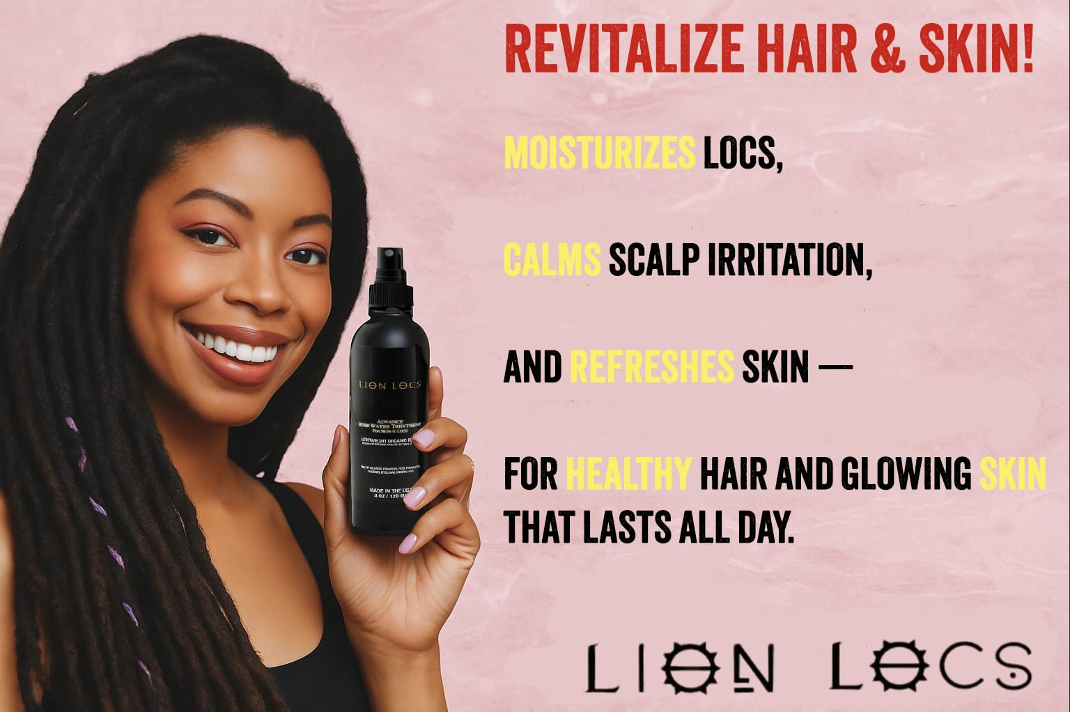 Beard Gains Lion Locs Rosewater Spray helps tame frizz on locs for a smoother look.