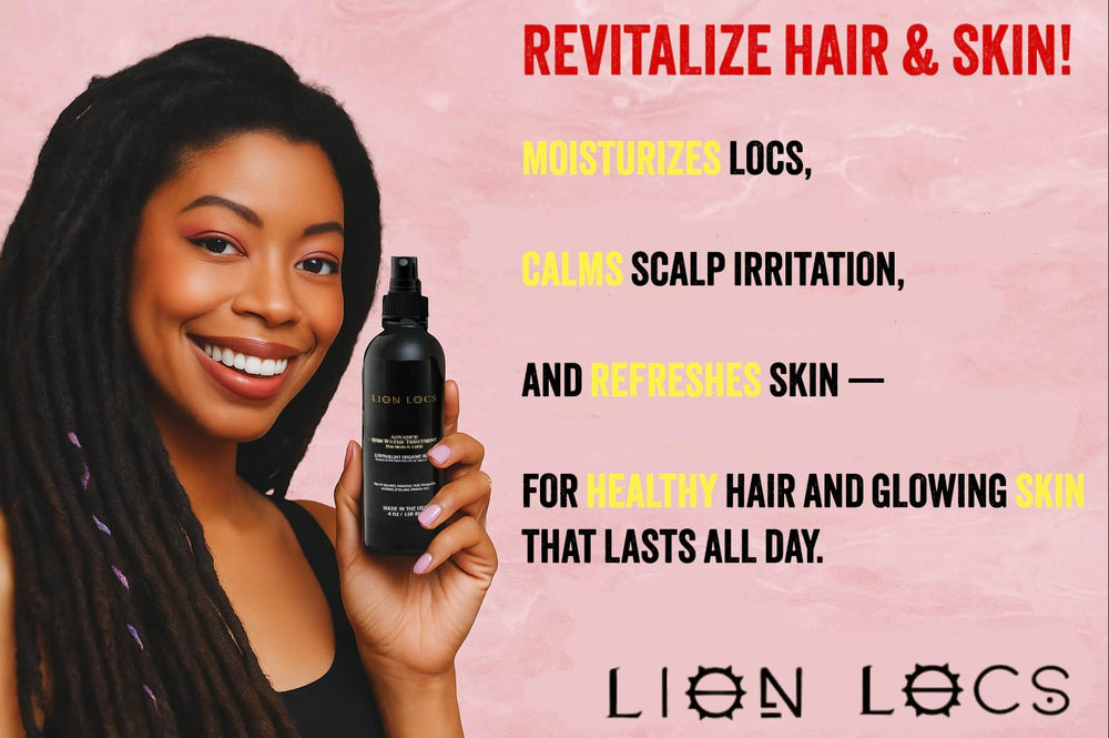 Beard Gains Lion Locs Rosewater Spray helps tame frizz on locs for a smoother look.