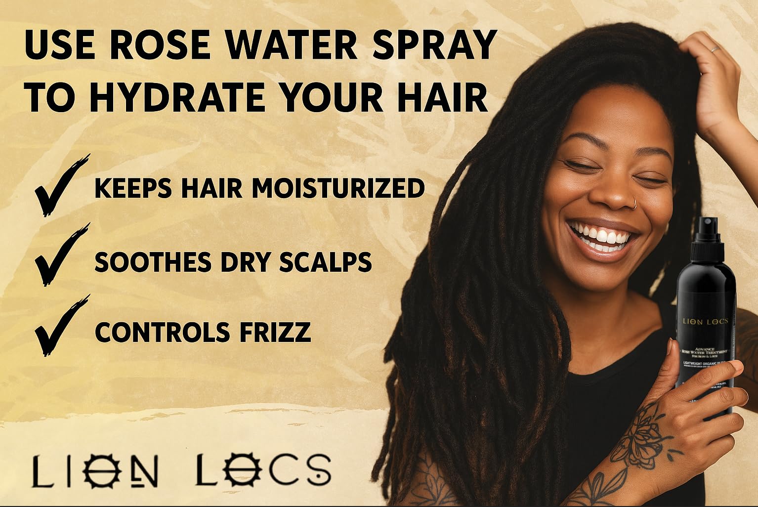 Beard Gains Lion Locs Rosewater Spray ingredients highlight rose water and aloe for nourishment.