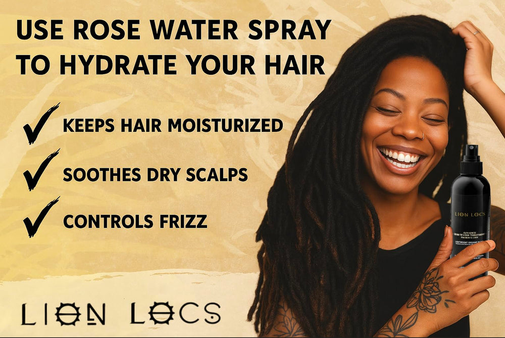 Beard Gains Lion Locs Rosewater Spray ingredients highlight rose water and aloe for nourishment.