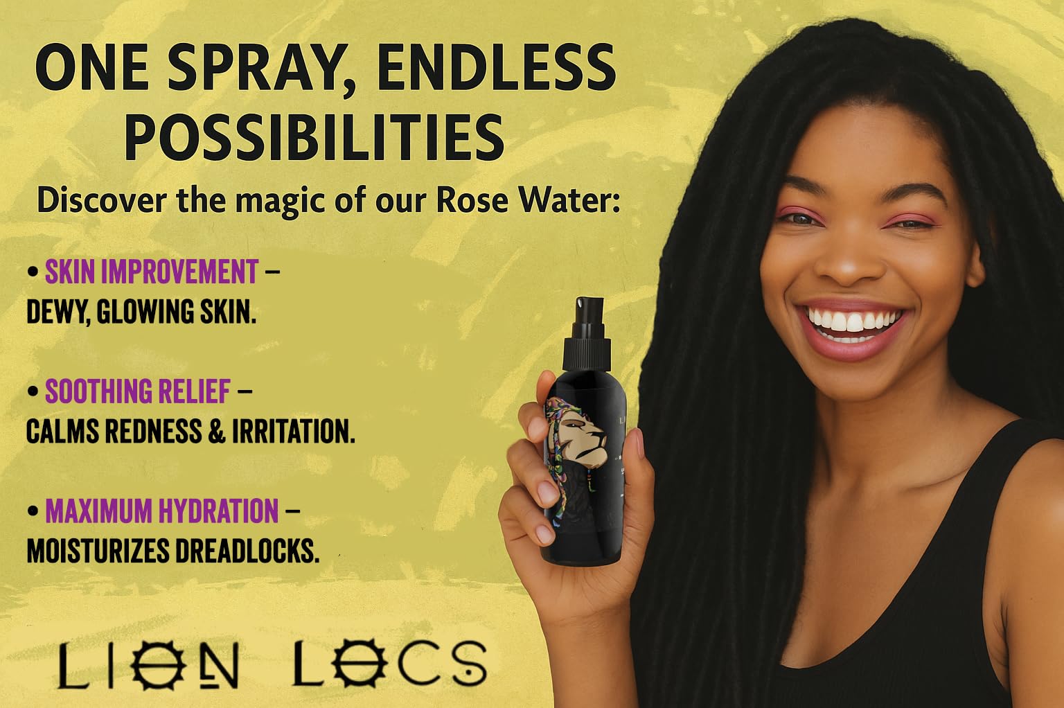 Beard Gains Lion Locs Rosewater Spray soothes scalp irritation with rose water and aloe.