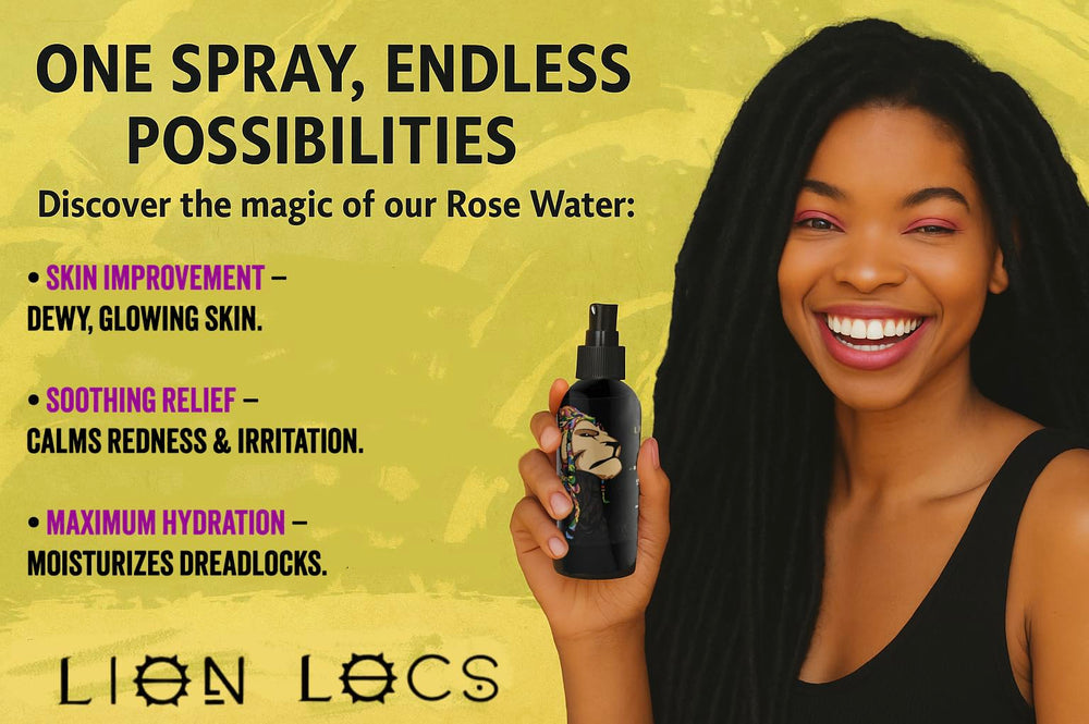 Beard Gains Lion Locs Rosewater Spray soothes scalp irritation with rose water and aloe.