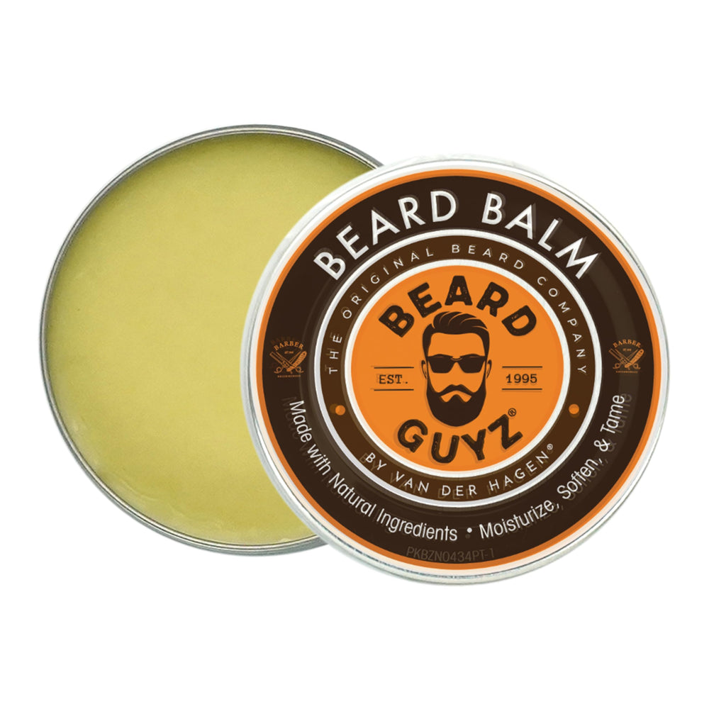 Beard Guyz Beard Balm jar demonstrates soft-hold conditioning for facial hair.