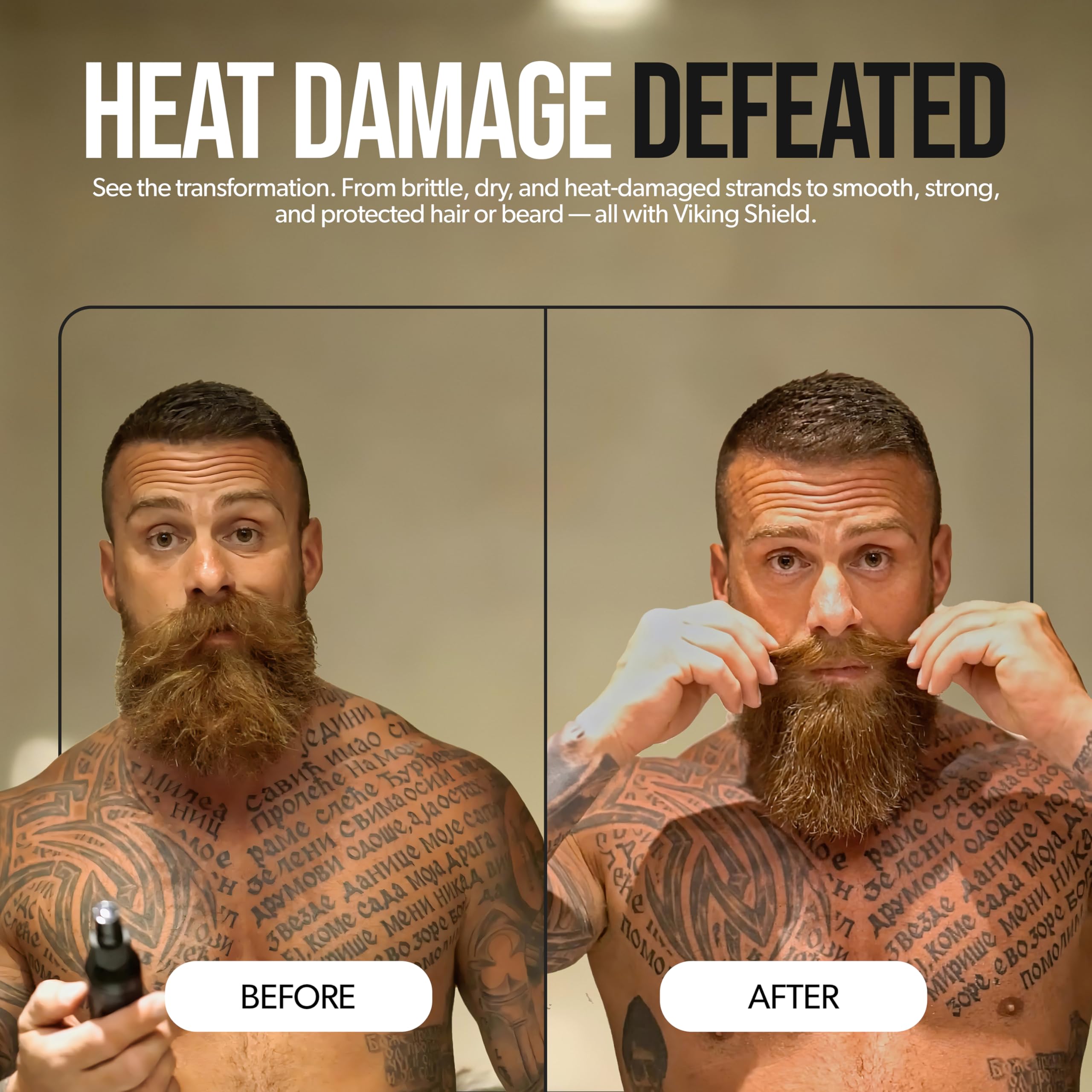 User applying Viking Shield before heat styling on beard/hair.