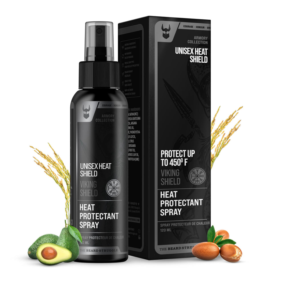 Beard Struggle Viking Shield spray bottle for heat protection during styling.