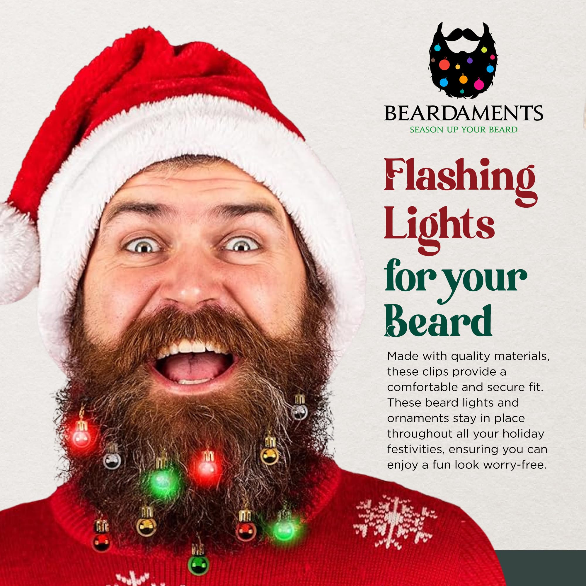 Beardaments beard ornaments with clip-attachment for quick holiday styling.