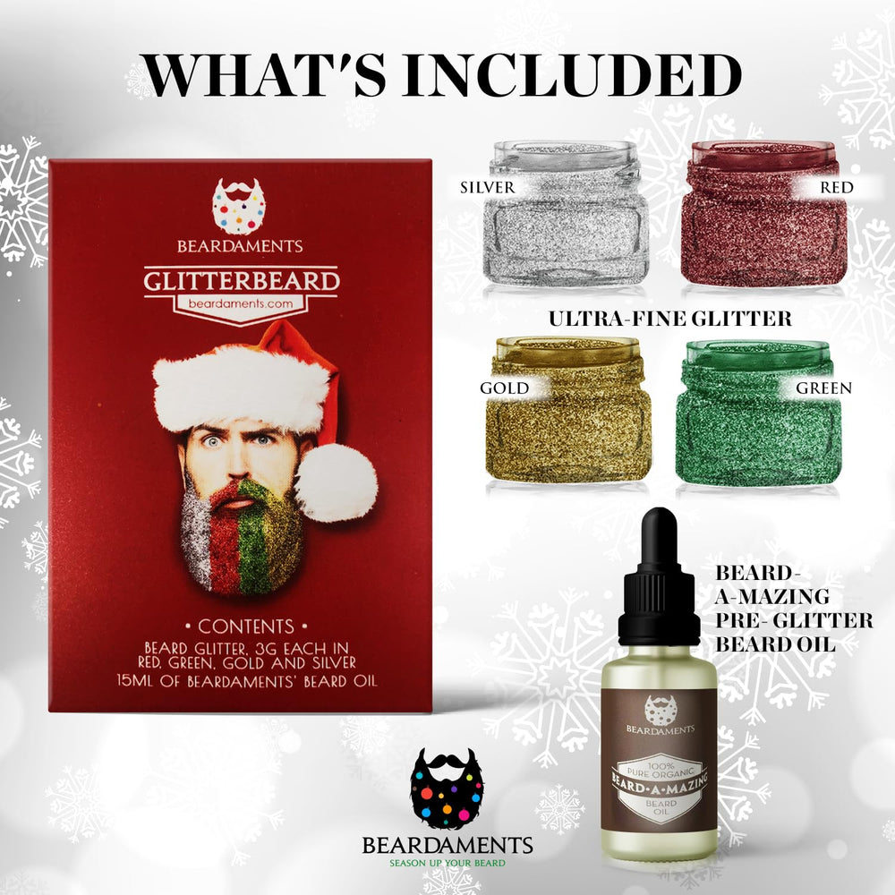 Beardaments Glitterbeard gold color shot highlighting warm party glow.