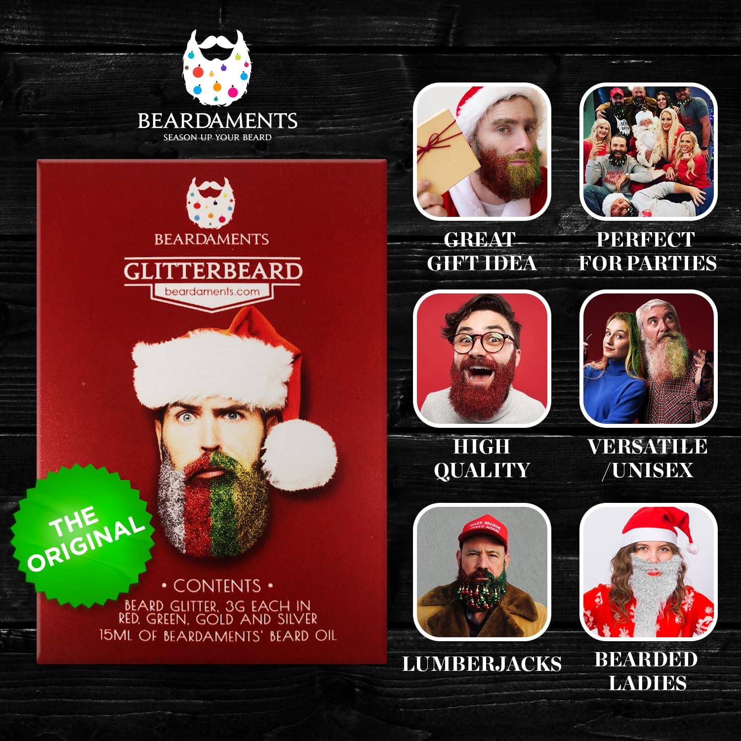 Beardaments Glitterbeard Kit on beard close-up capturing secure, long-lasting sparkle.