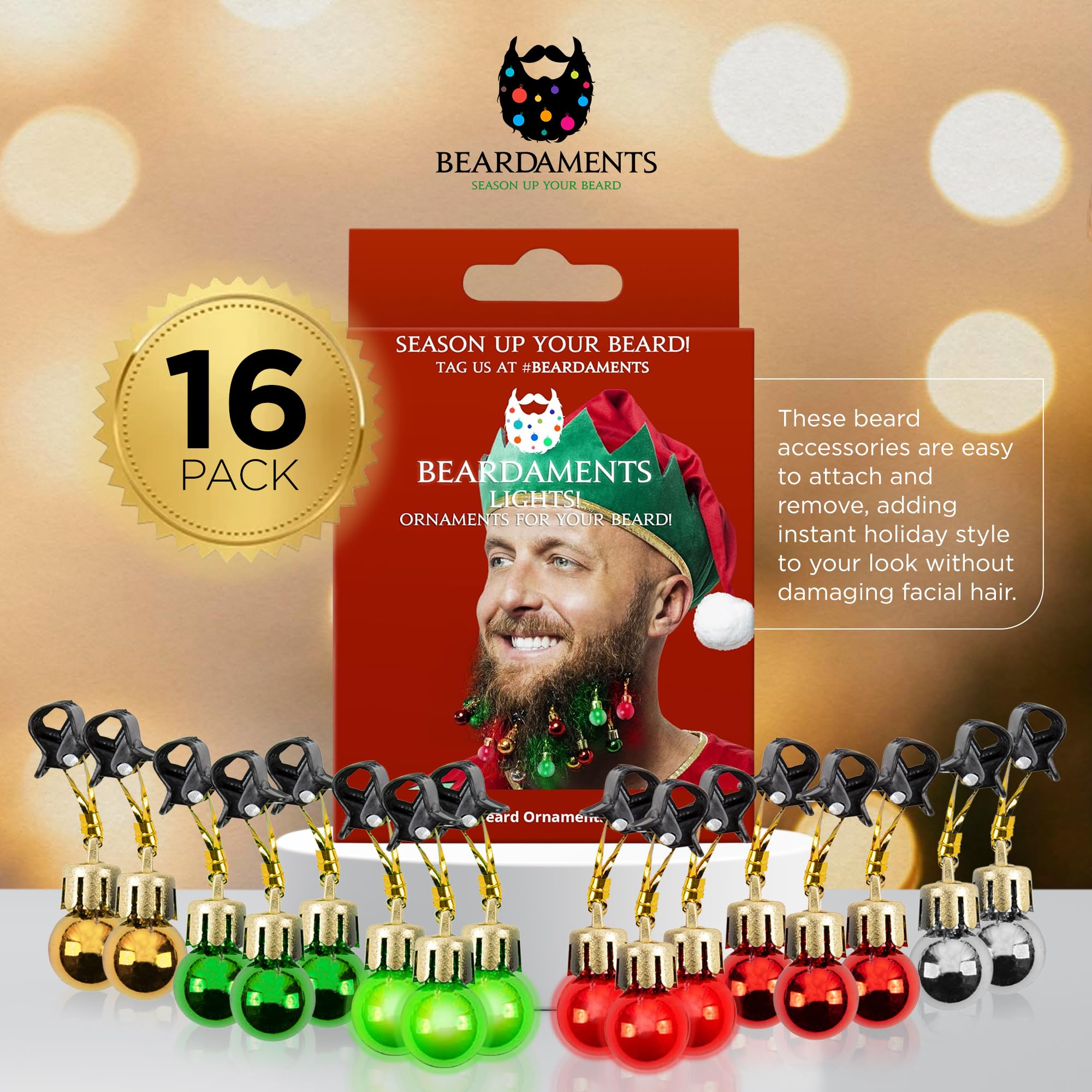 Beardaments hair-safe clips ensure comfortable, secure wear on facial hair.