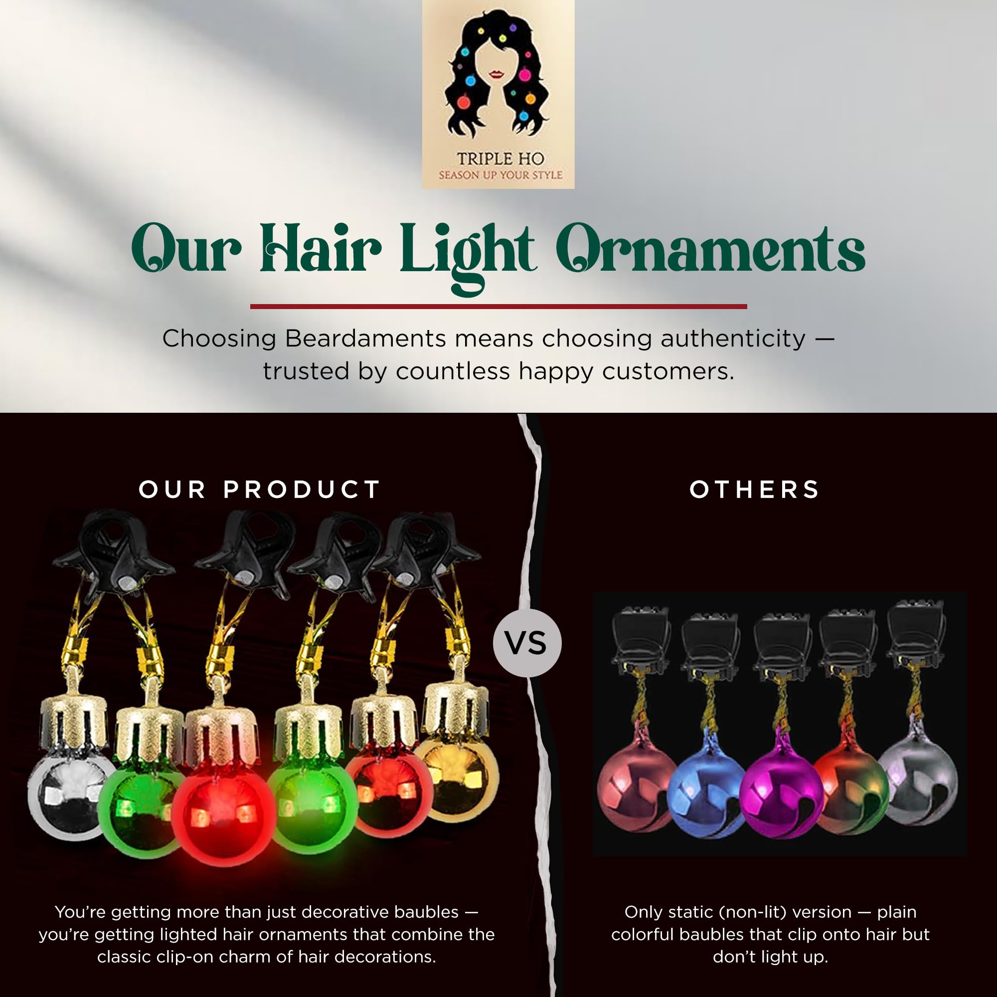 Beardaments Light Up Hair Lights red-green glow enhances buns and pigtails.
