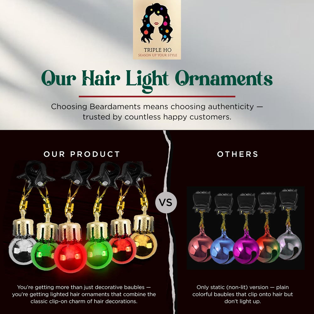 Beardaments Light Up Hair Lights red-green glow enhances buns and pigtails.