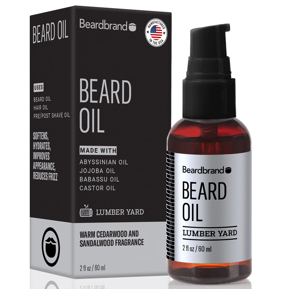 Beardbrand beard oil bottle applying jojoba and vitamin E for smoother beard