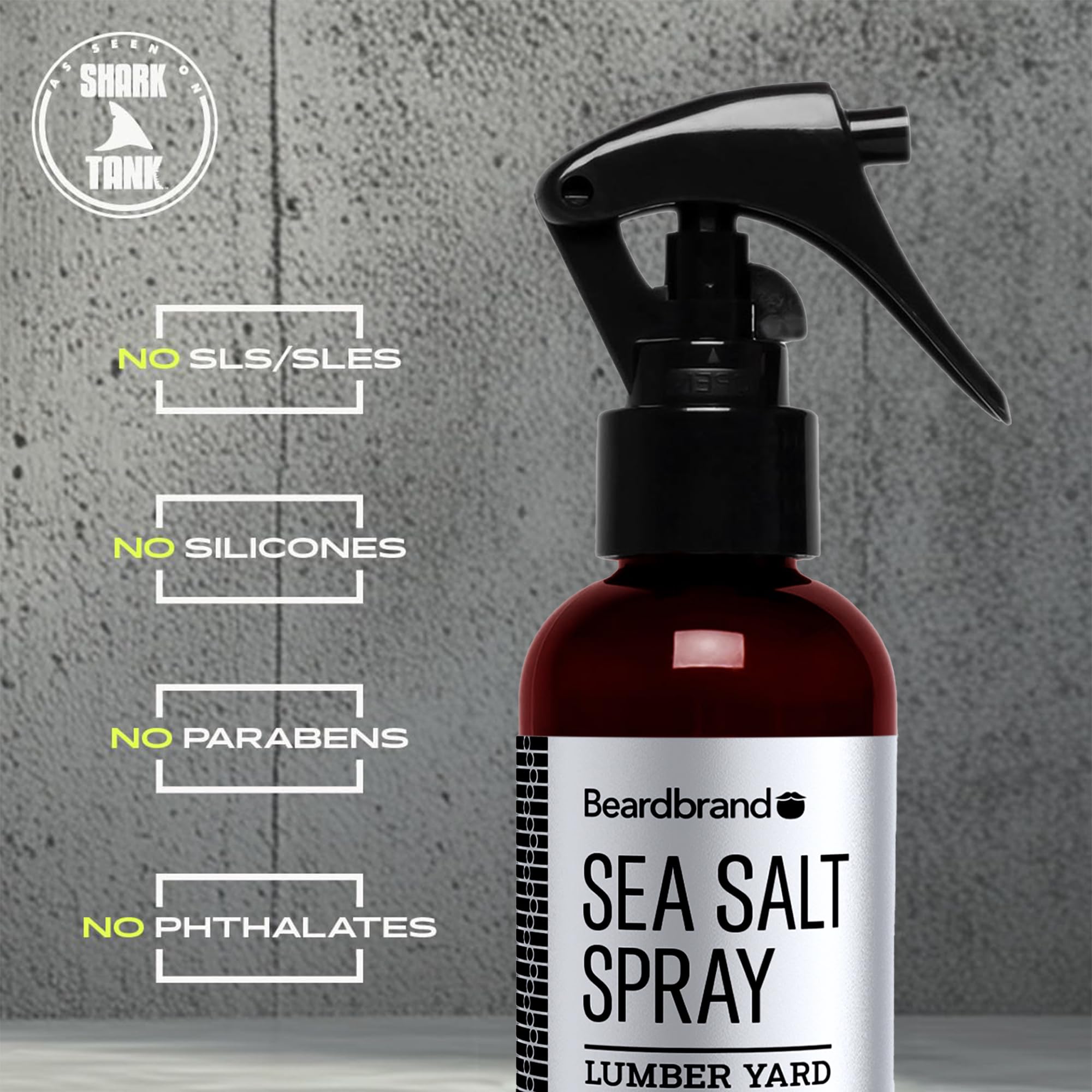 Beardbrand Sea Salt Spray Lumber Yard scent closeup highlights warm cedarwood notes.